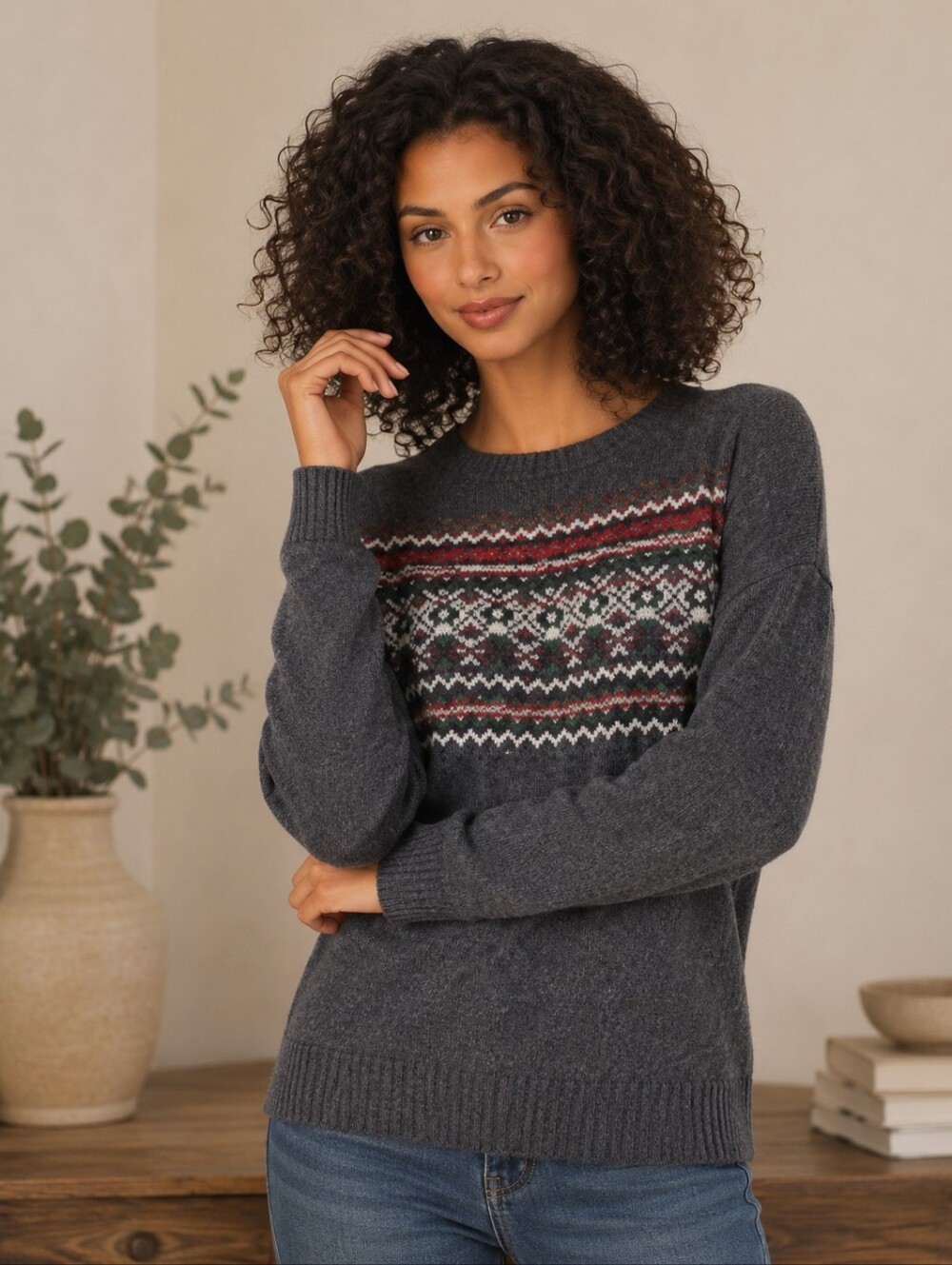 Cuddl Duds Sweater Fair Isle Nordic Alpine Cozy Knit Gray Red XS RN17363